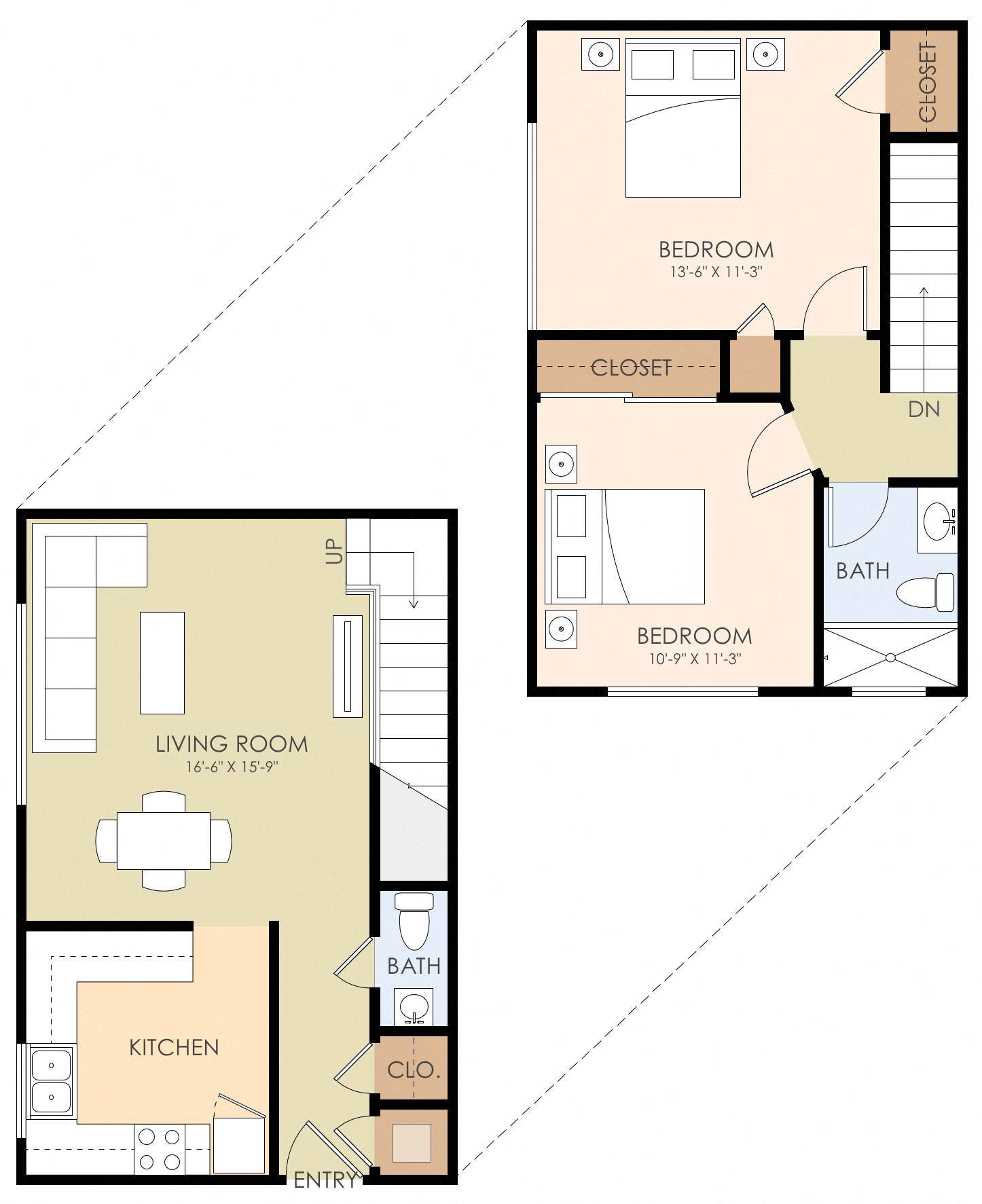 Floor plan for 2 beds, 1.5 baths, 854 sqft